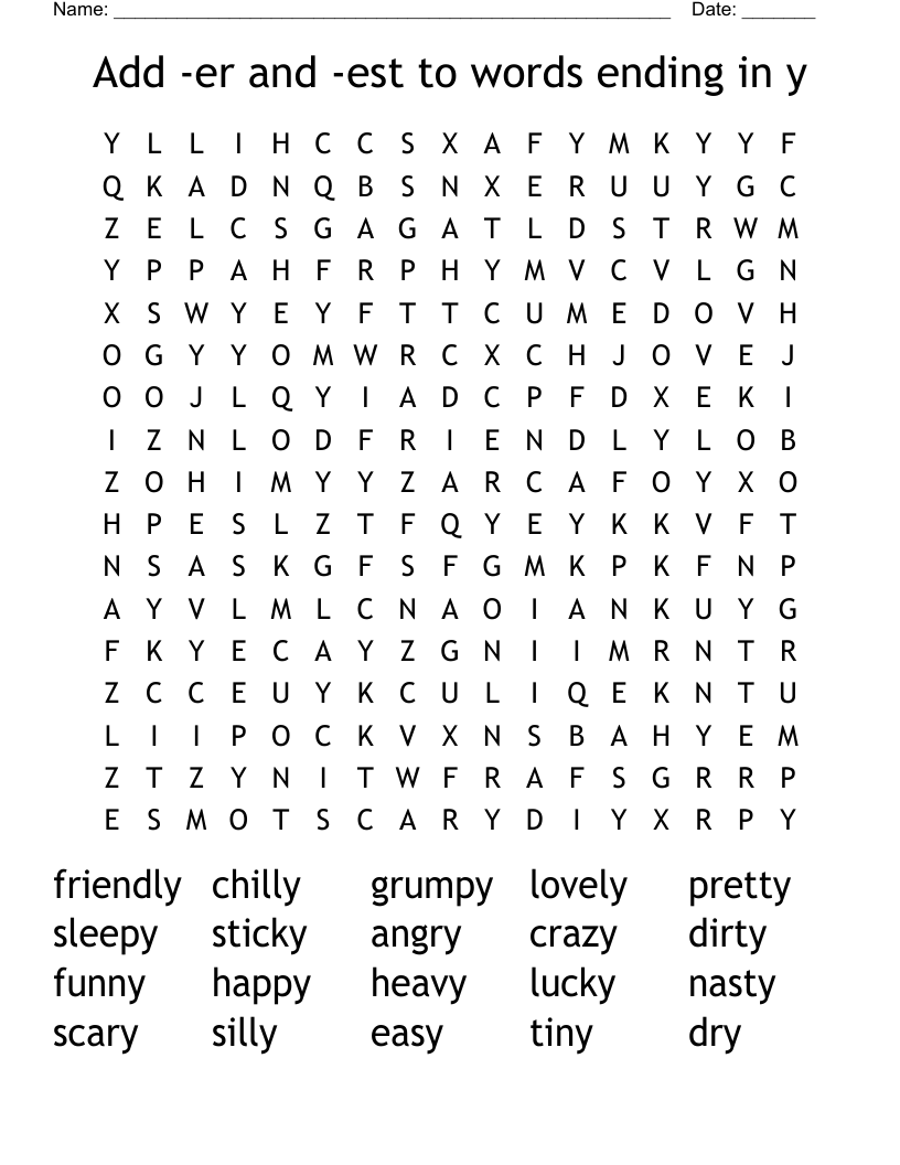 Add -er and -est to words ending in y Word Search