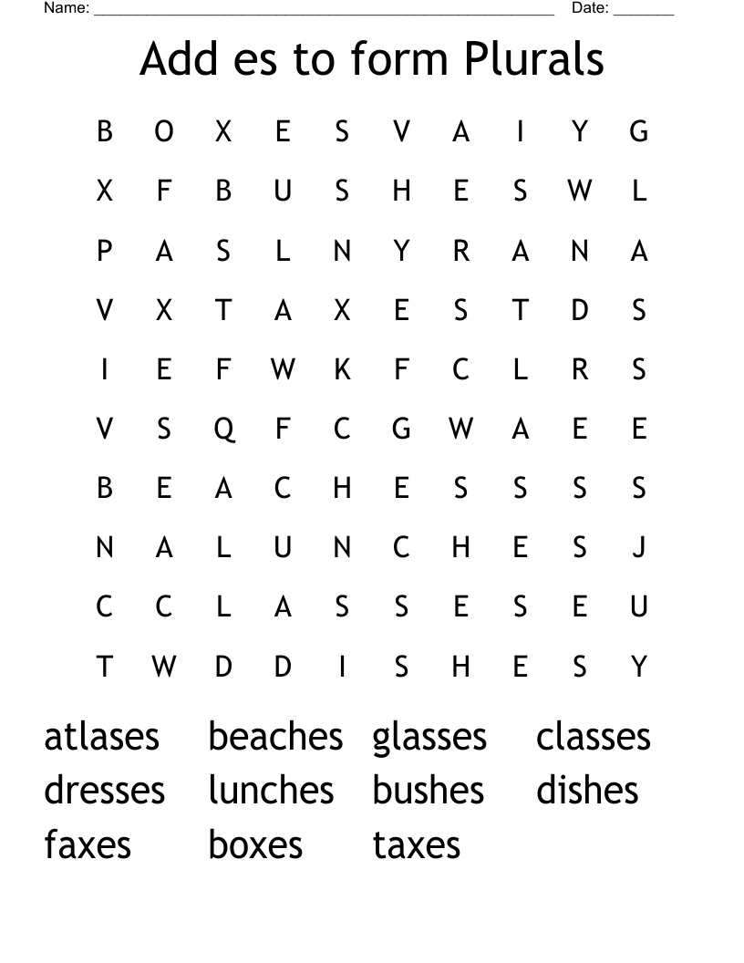 Add es to form Plurals Word Search