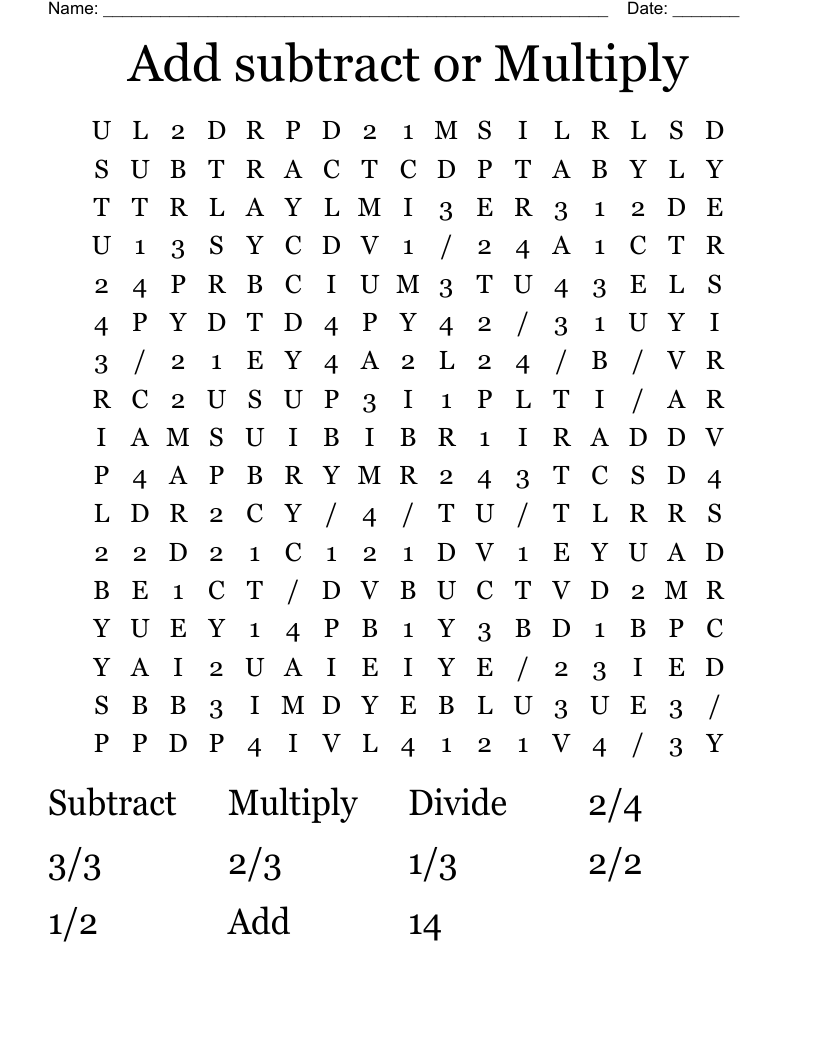 Add subtract or Multiply Word Search