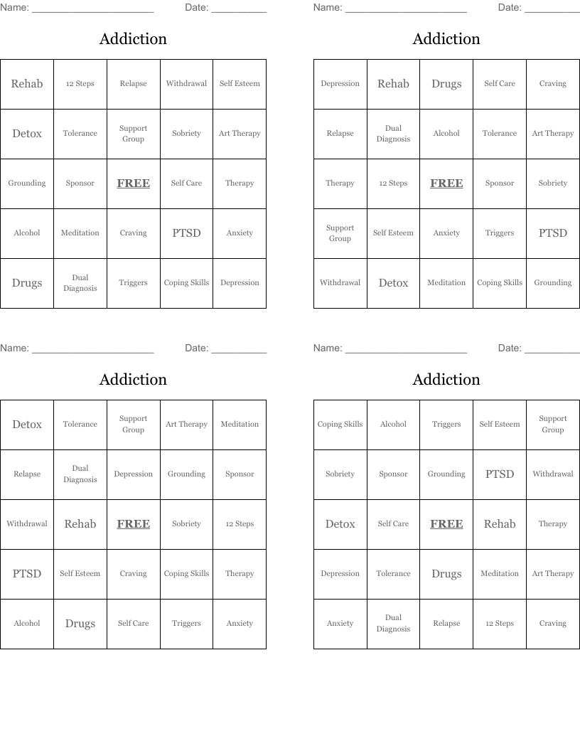 Addiction Bingo Cards