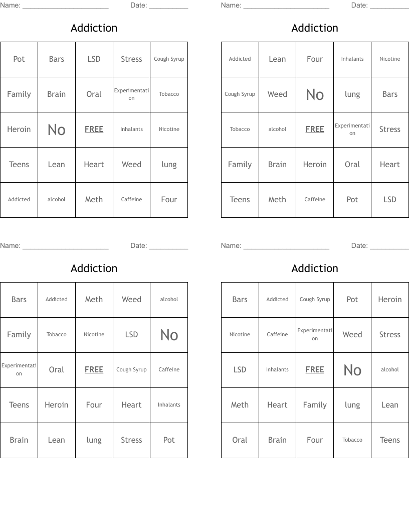 Addiction Bingo Cards