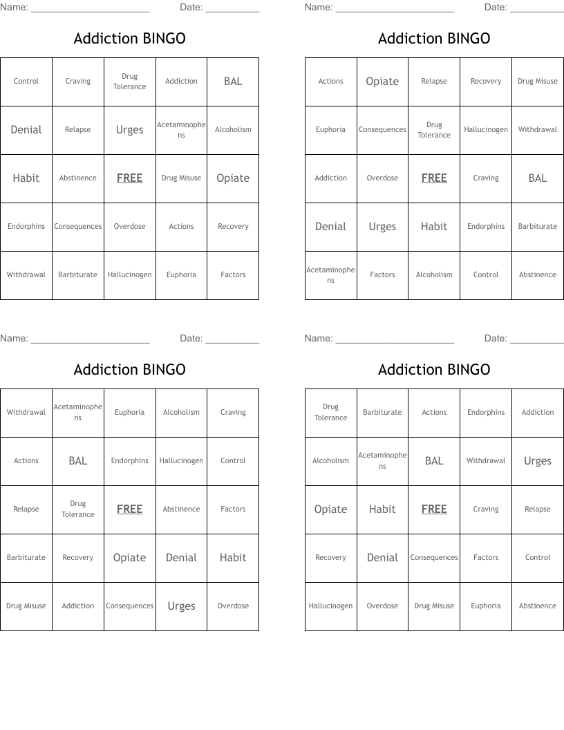 Addiction BINGO 
