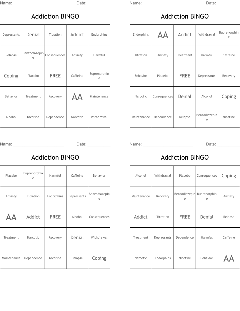 Addiction BINGO 