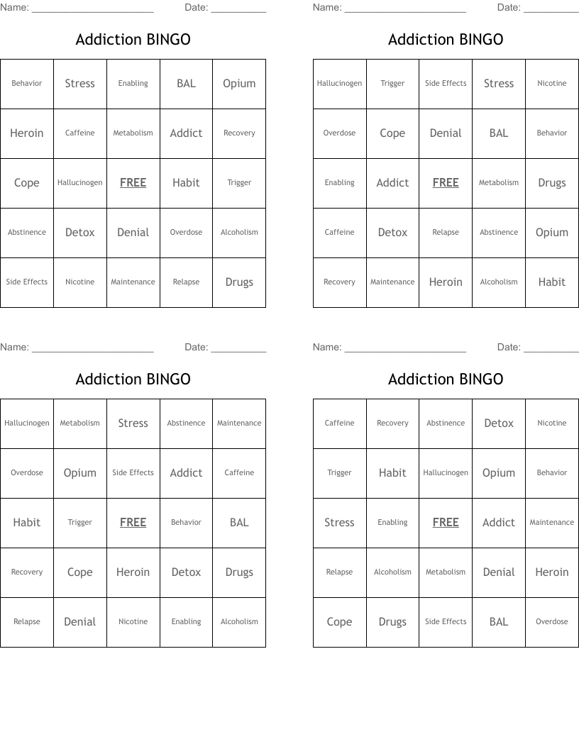 Addiction BINGO 