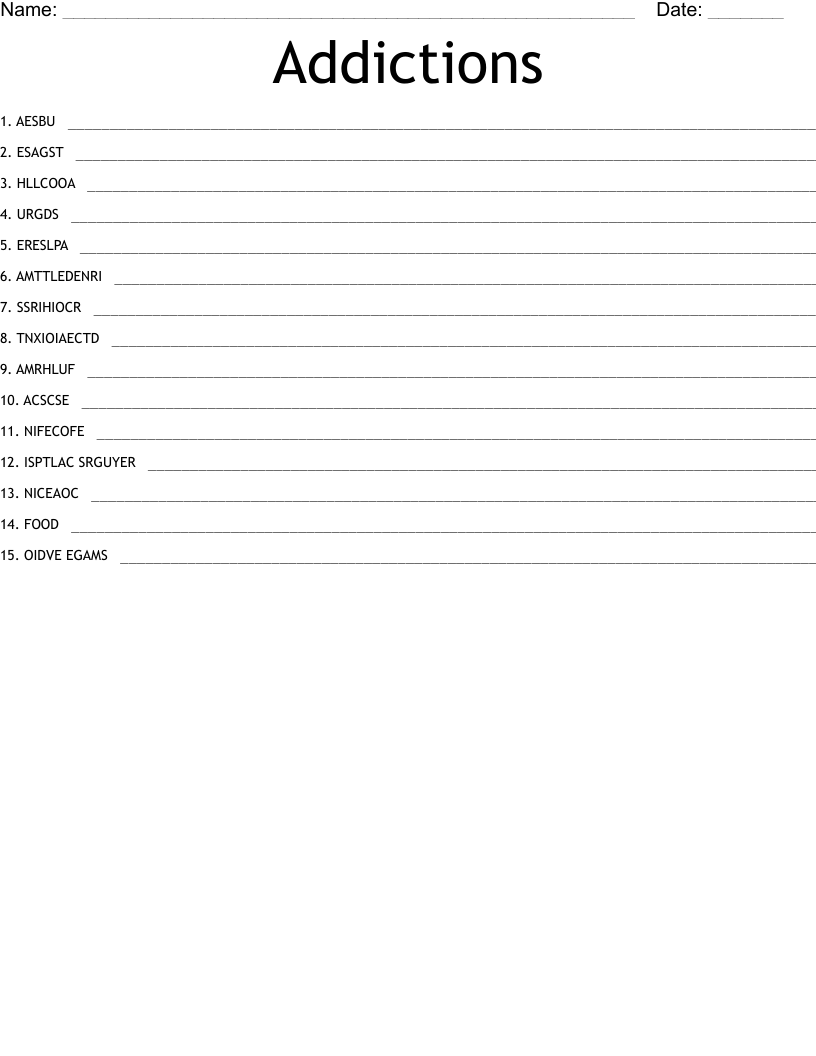 Addictions Word Scramble