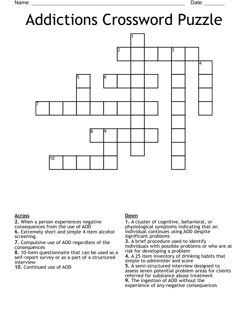 Addictions Crossword Puzzle