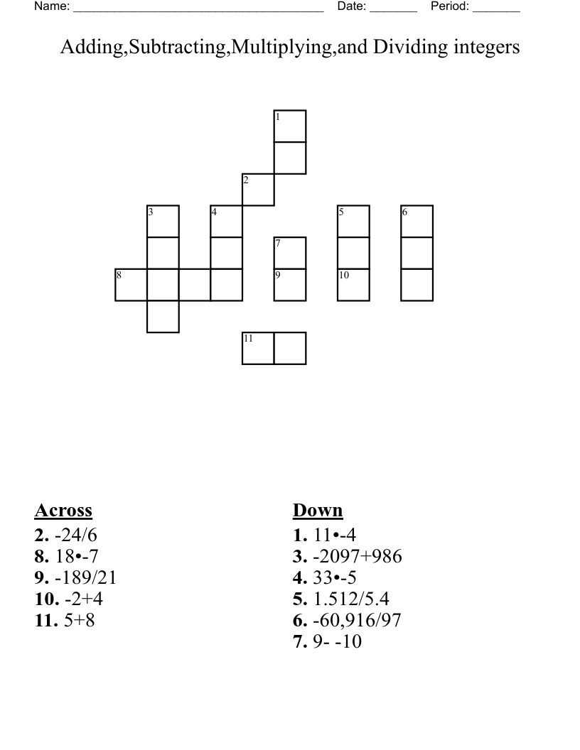 Adding,Subtracting,Multiplying,and Dividing integers Crossword