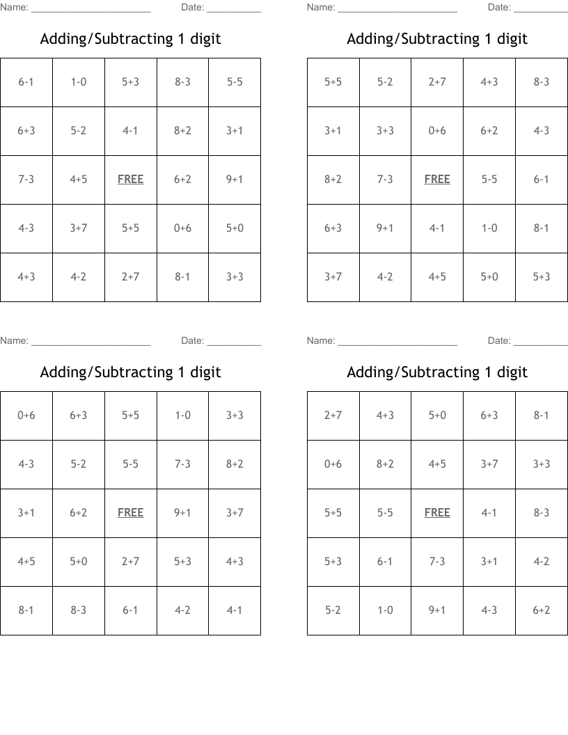 Adding/Subtracting 1 digit Bingo Cards