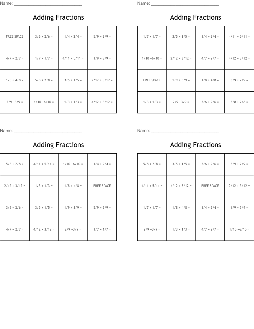 Adding Fractions Bingo Cards