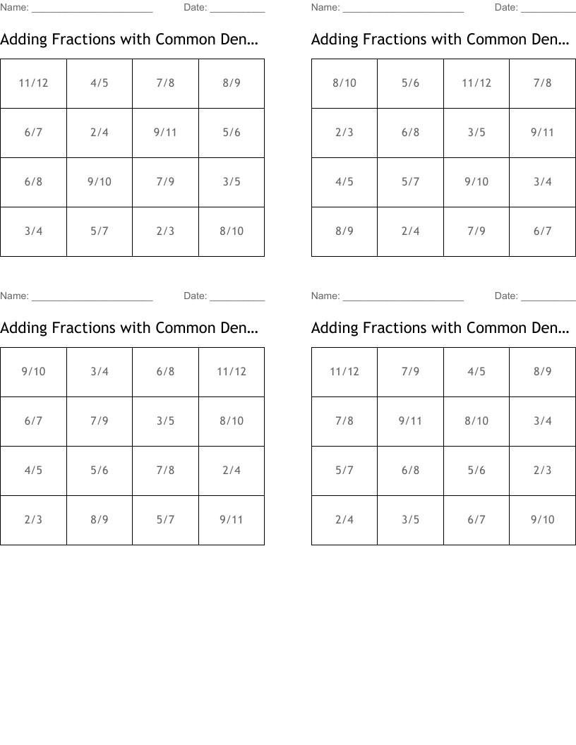 Adding Fractions with Common Denominators Bingo Cards