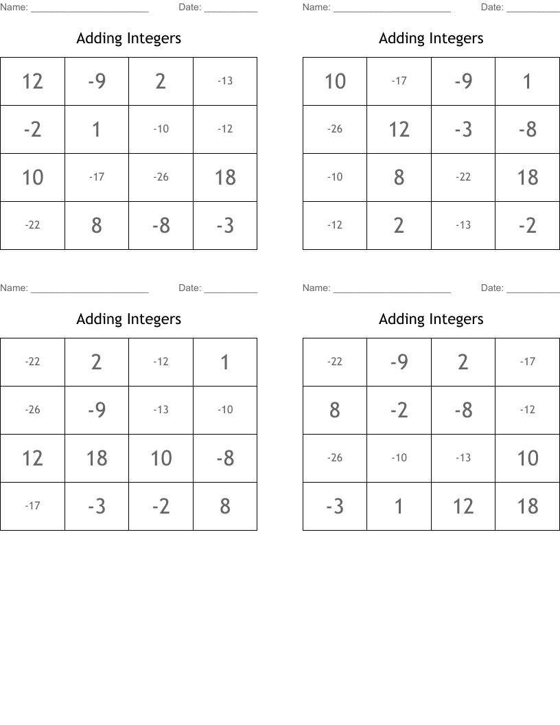Adding Integers Bingo Cards