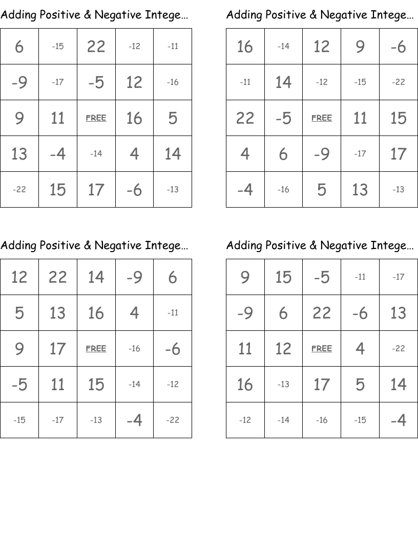 Adding Positive & Negative Integers BINGO