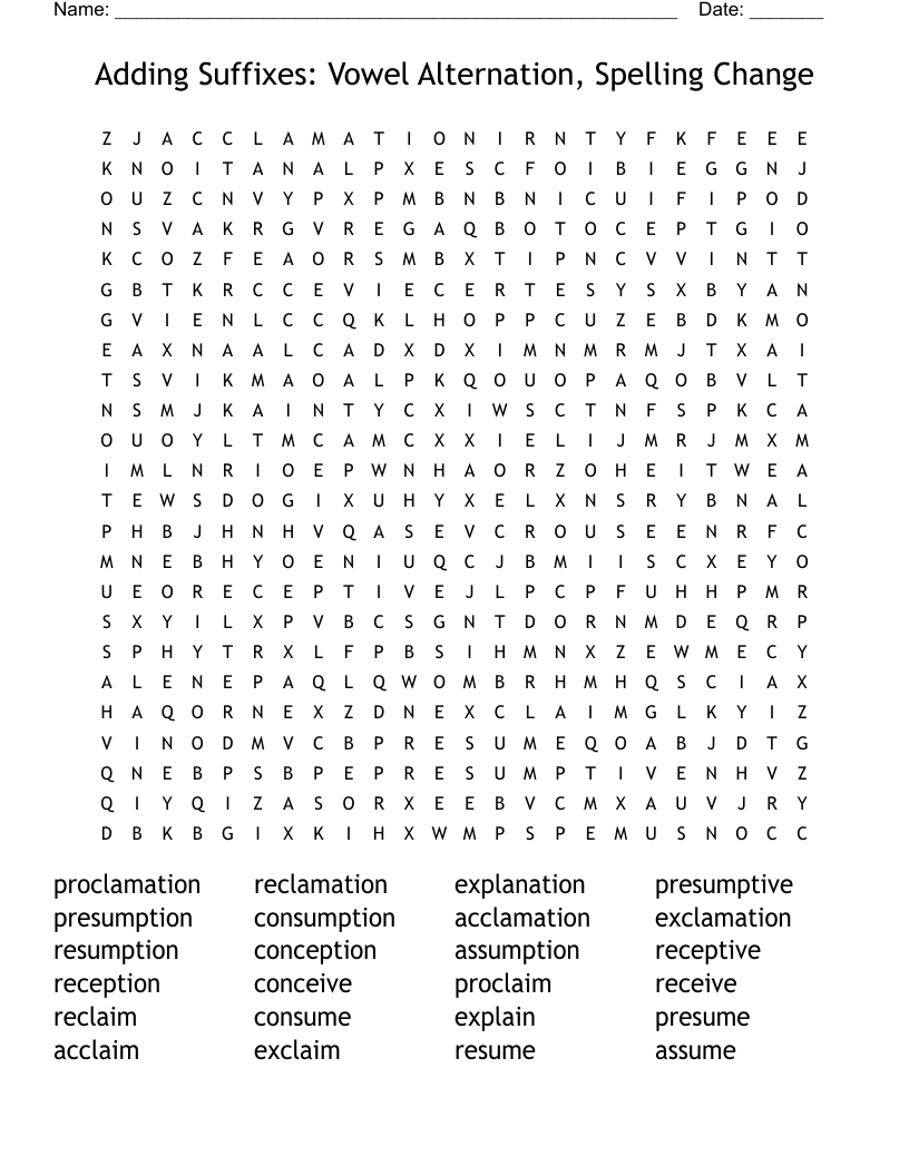 Adding Suffixes: Vowel Alternation, Spelling Change Word Search