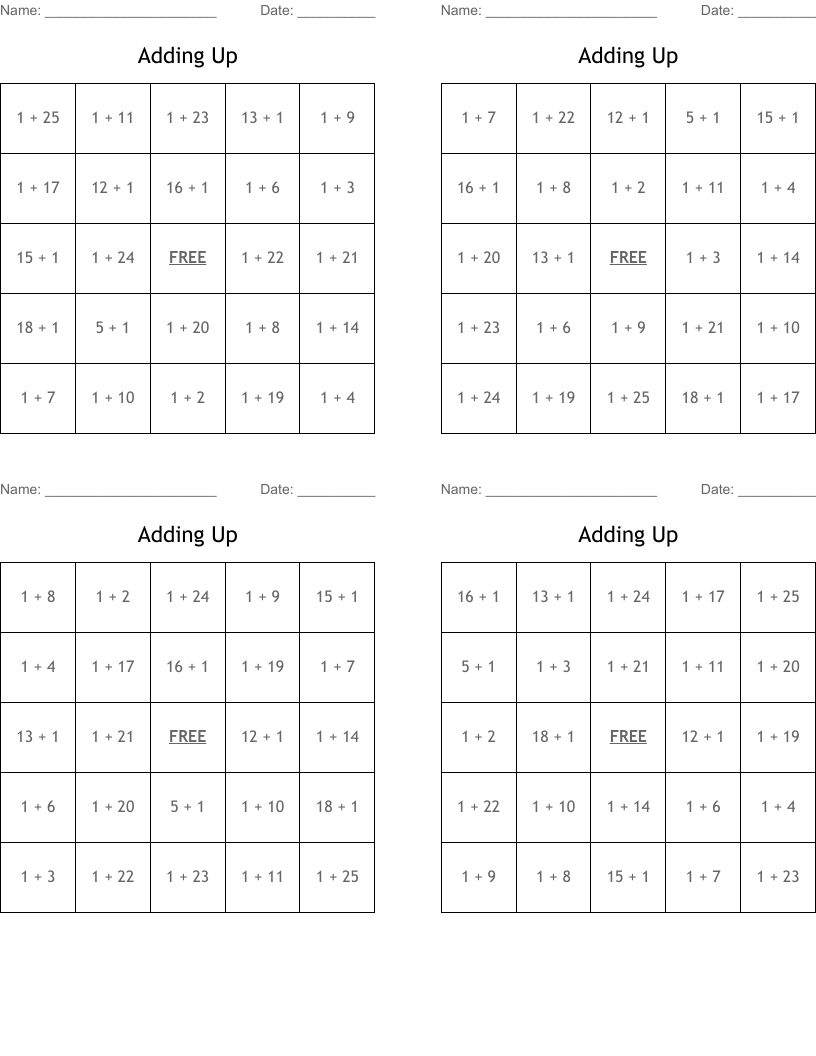 Adding Up Bingo Cards
