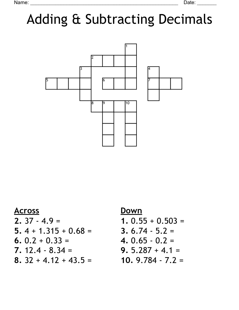 Adding & Subtracting Decimals  Crossword