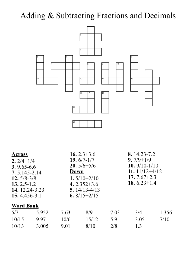 Adding & Subtracting Fractions and Decimals Crossword