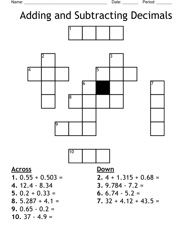 Adding and Subtracting Decimals Crossword