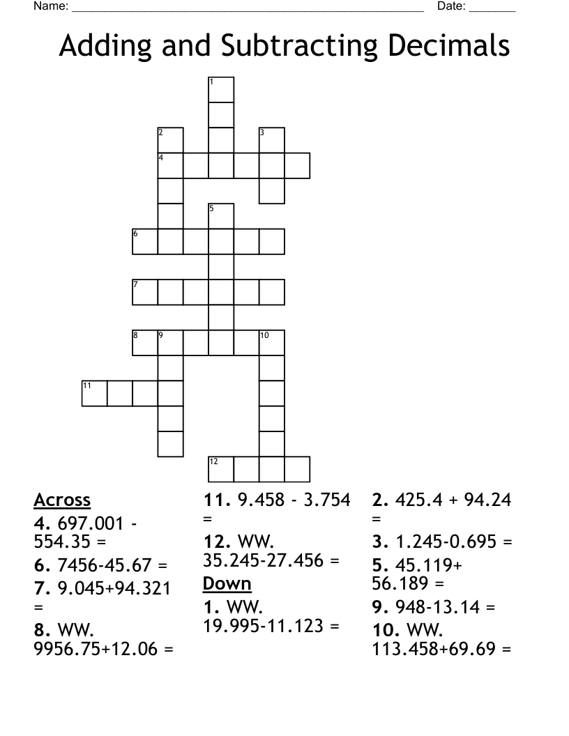 Adding and Subtracting Decimals Crossword