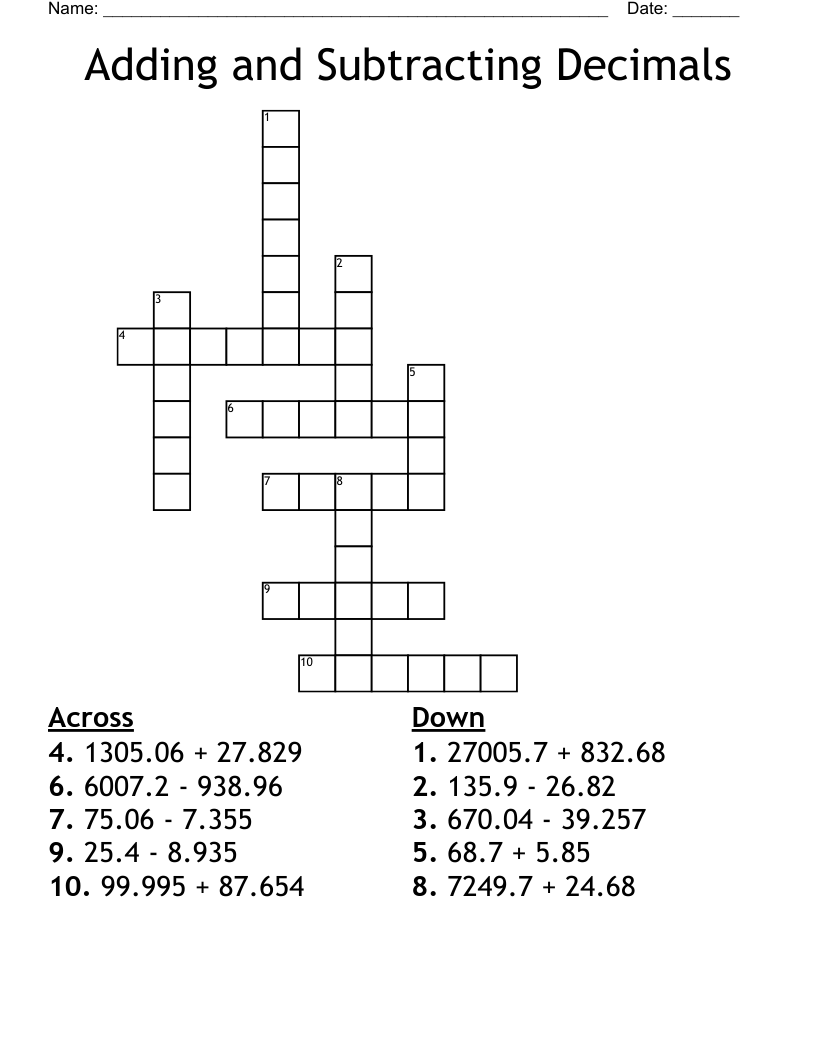 Adding and Subtracting Decimals Crossword