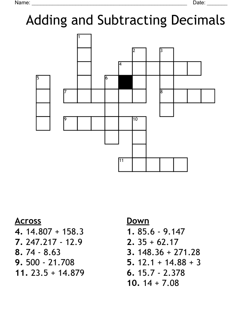 Adding and Subtracting Decimals Crossword