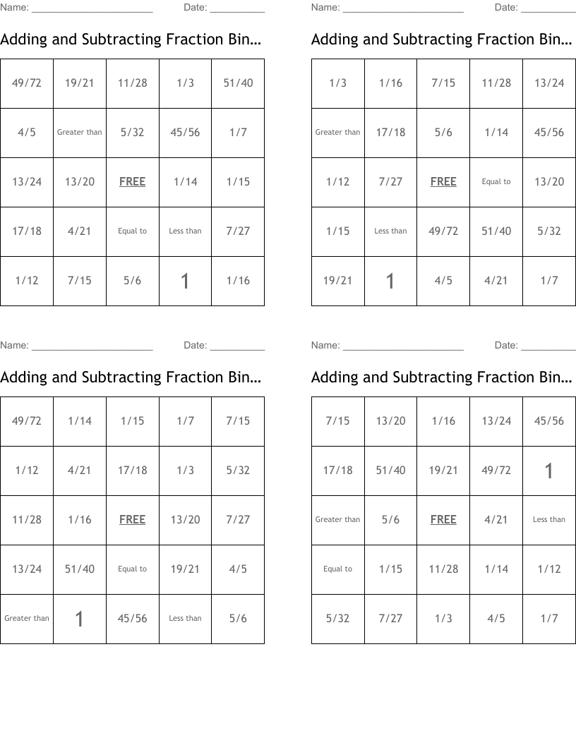 Adding and Subtracting Fraction Bingo 1
