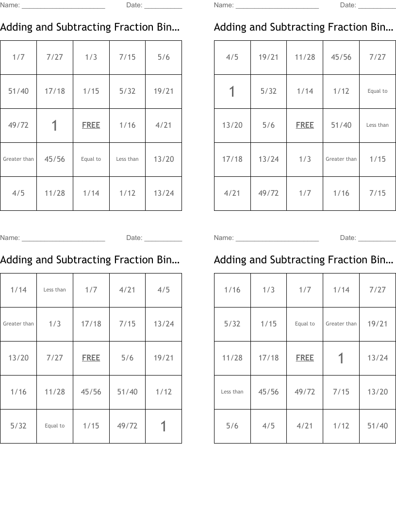 Adding and Subtracting Fraction Bingo