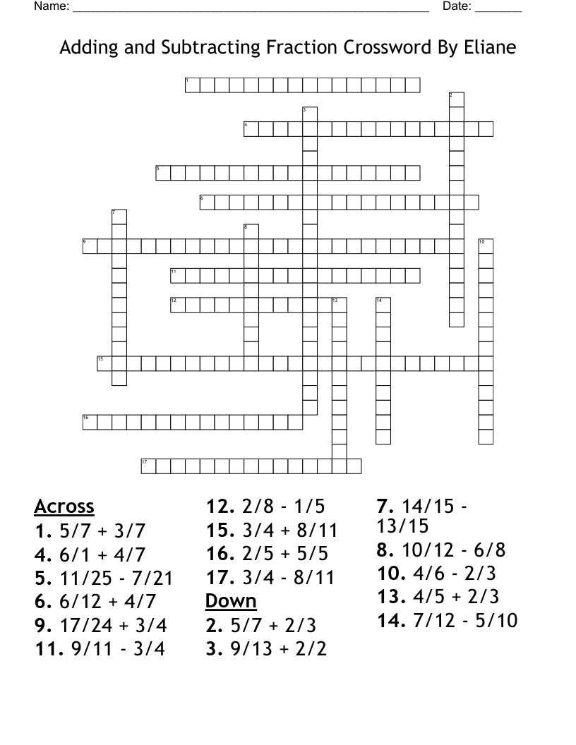 Adding and Subtracting Fraction Crossword By Eliane