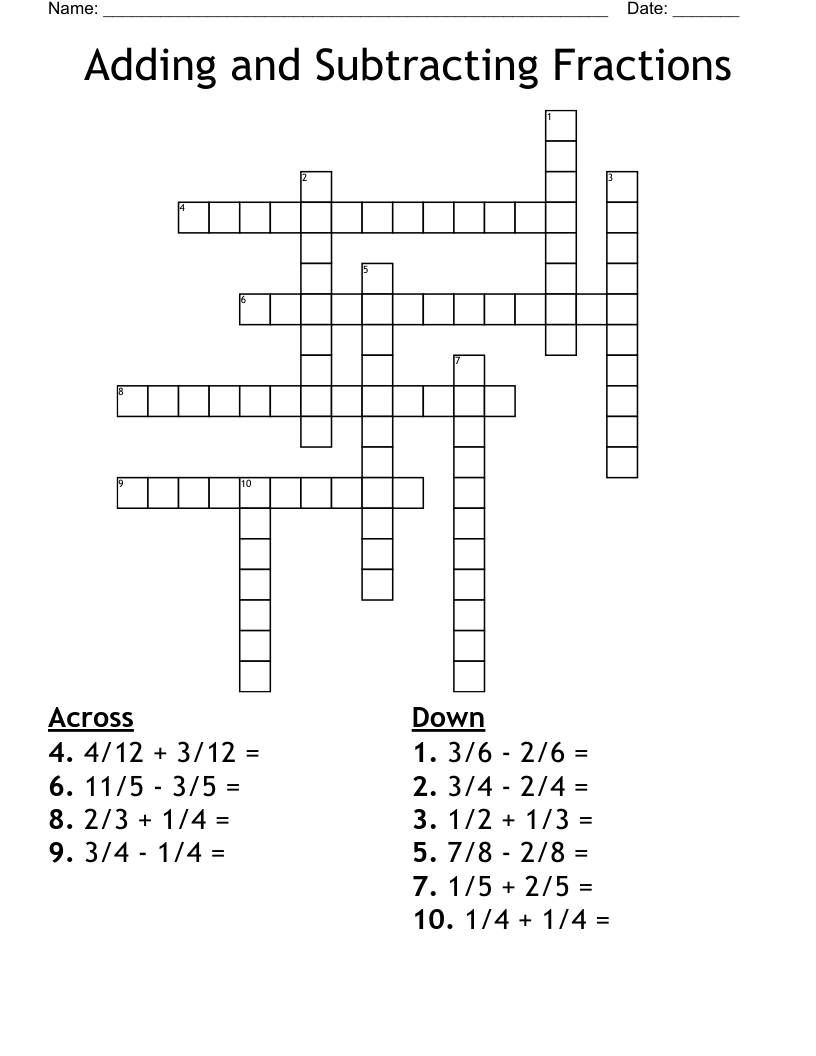 Adding and Subtracting Fractions Crossword