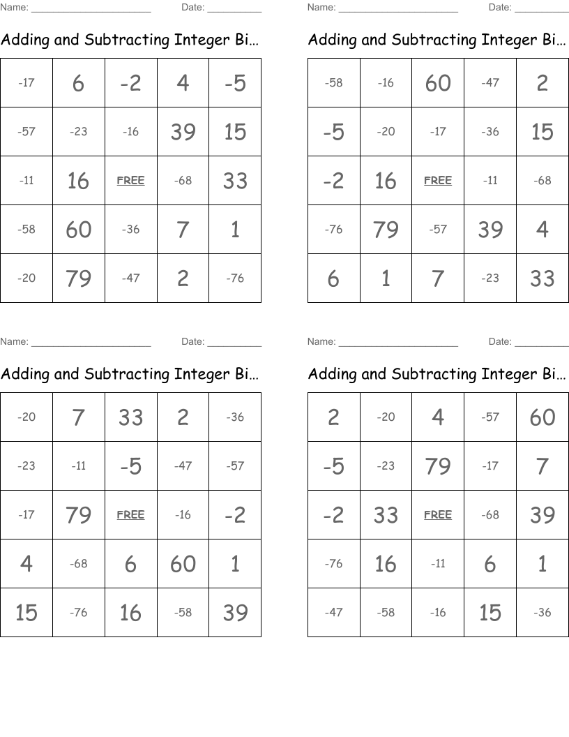Adding and Subtracting Integer Bingo