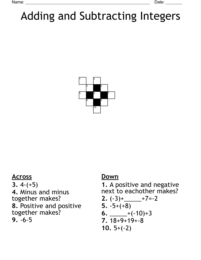 Adding and Subtracting Integers Crossword