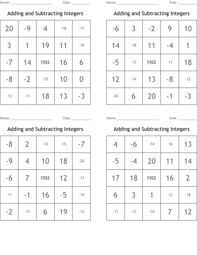 Adding and Subtracting Integers Bingo Cards
