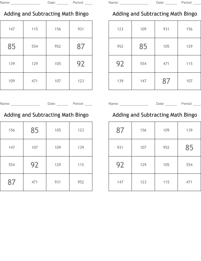 Adding and Subtracting Math Bingo