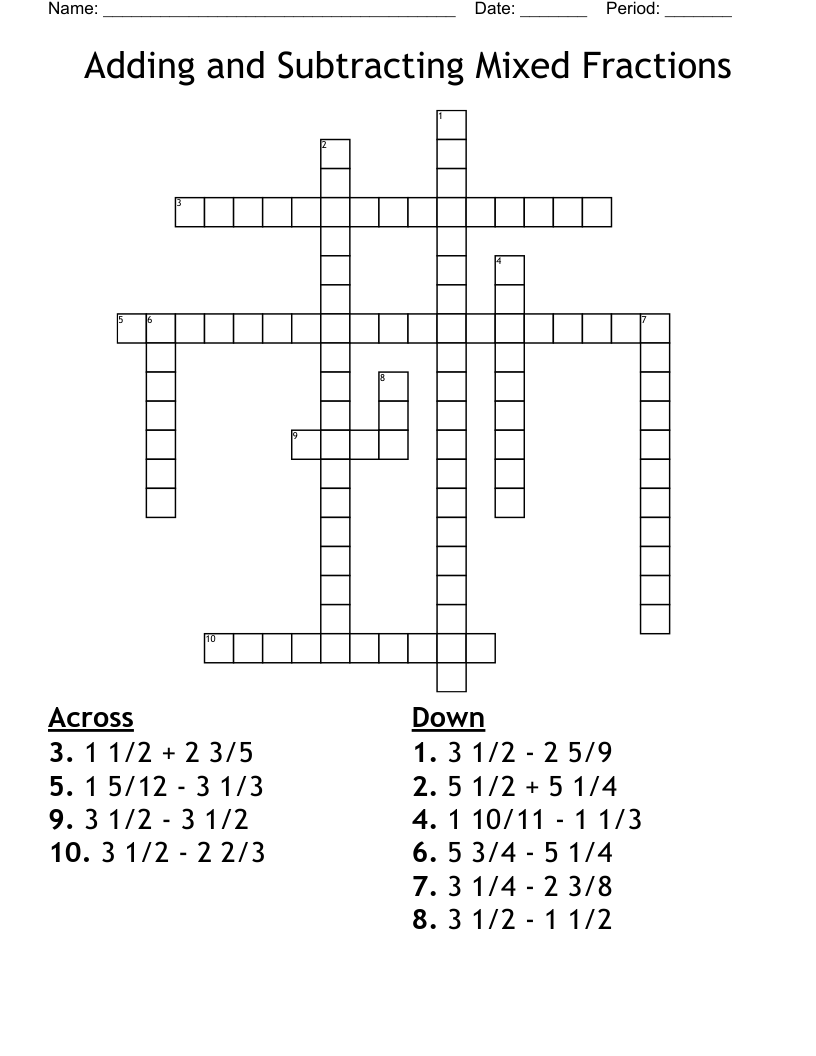 Adding and Subtracting Mixed Fractions Crossword