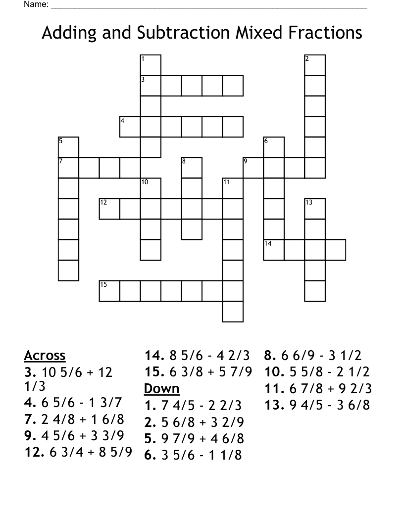 Adding and Subtraction Mixed Fractions Crossword