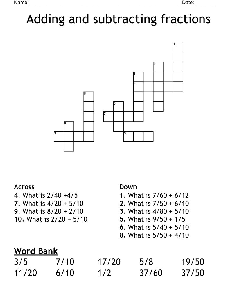 Adding and subtracting fractions  Crossword