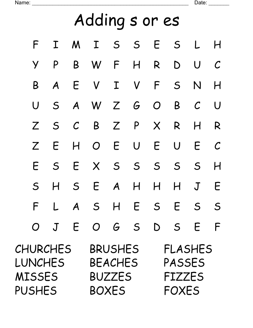 Adding s or es Word Search