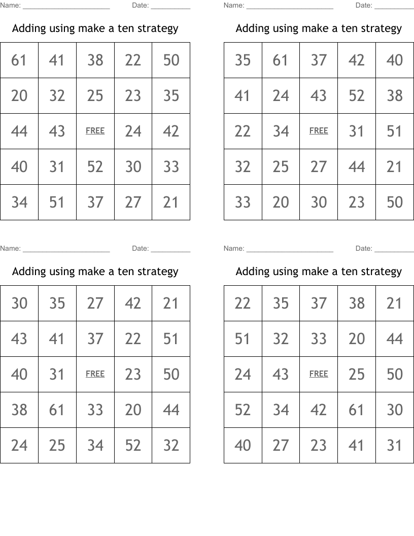 Adding using make a ten strategy Bingo Cards