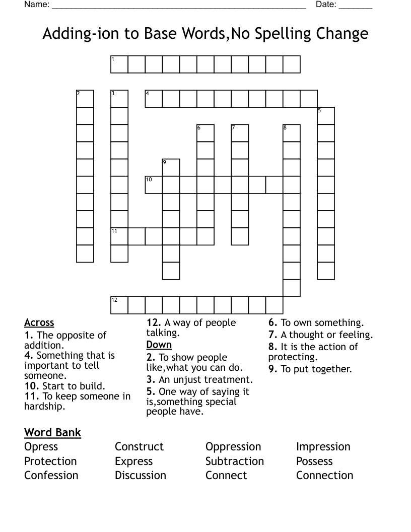 Adding-ion to Base Words,No Spelling Change Crossword