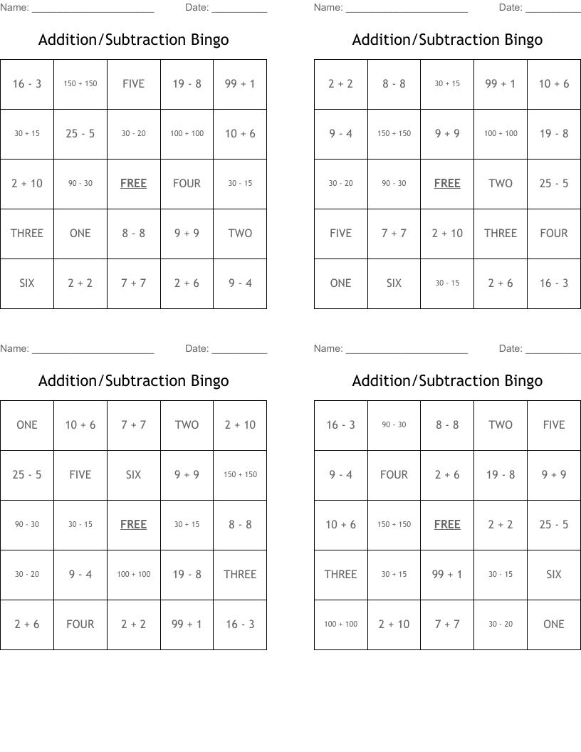 Addition/Subtraction Bingo