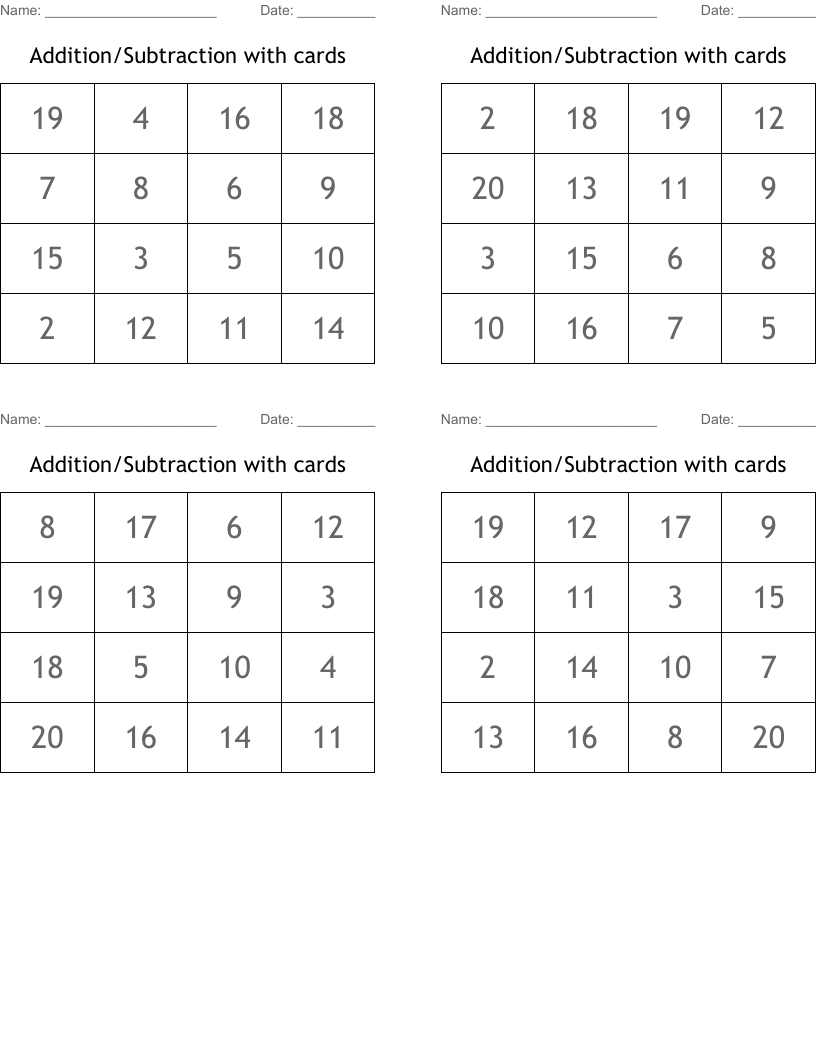 Addition/Subtraction with cards Bingo Cards