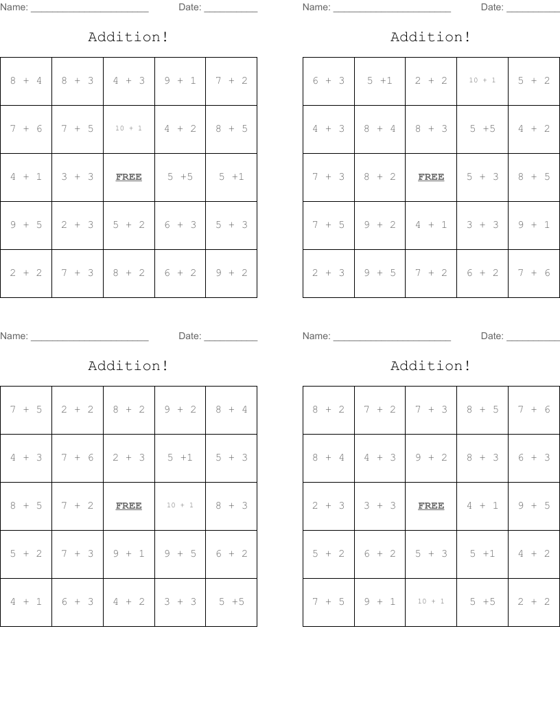 Addition! Bingo Cards
