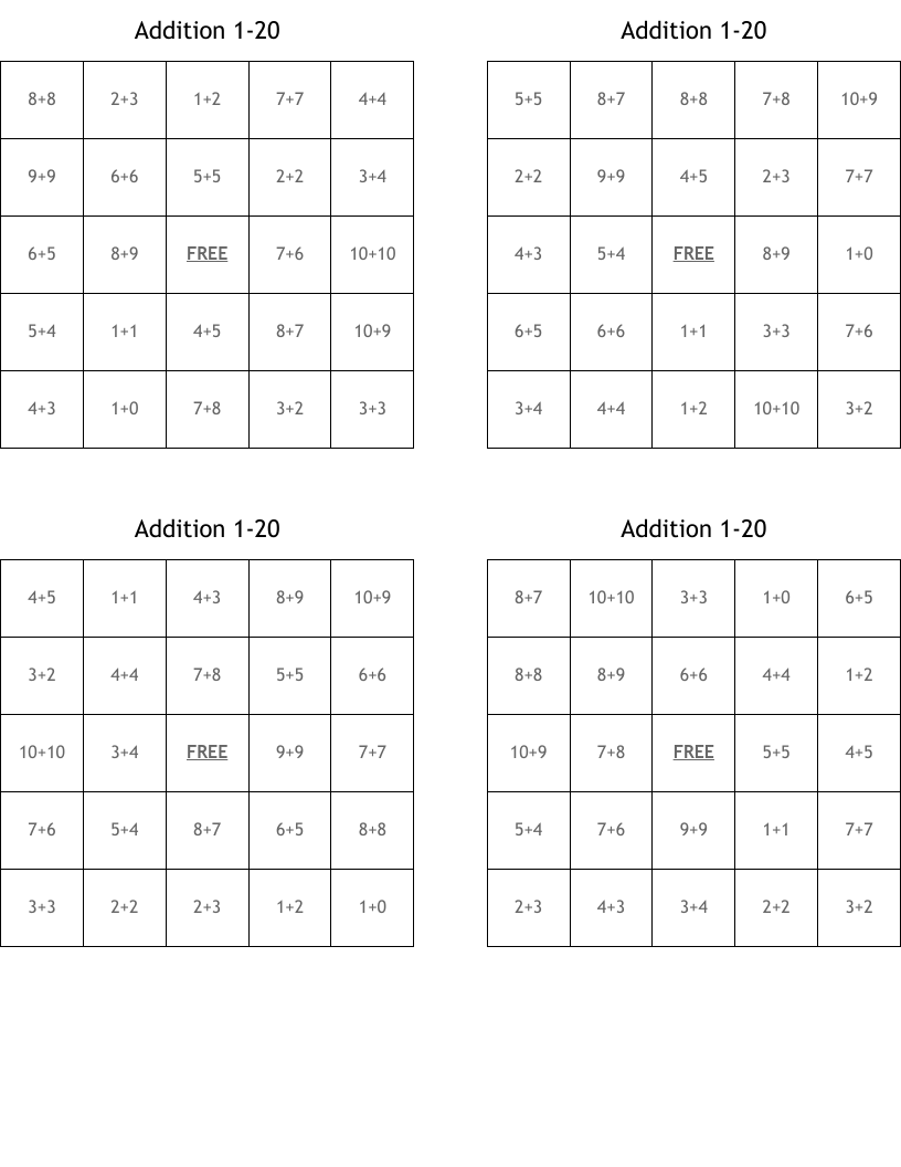 Addition 1-20 Bingo Cards