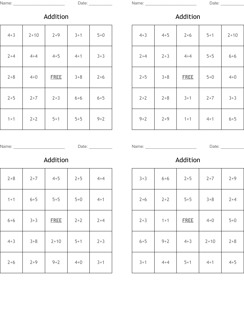 Addition Bingo Cards