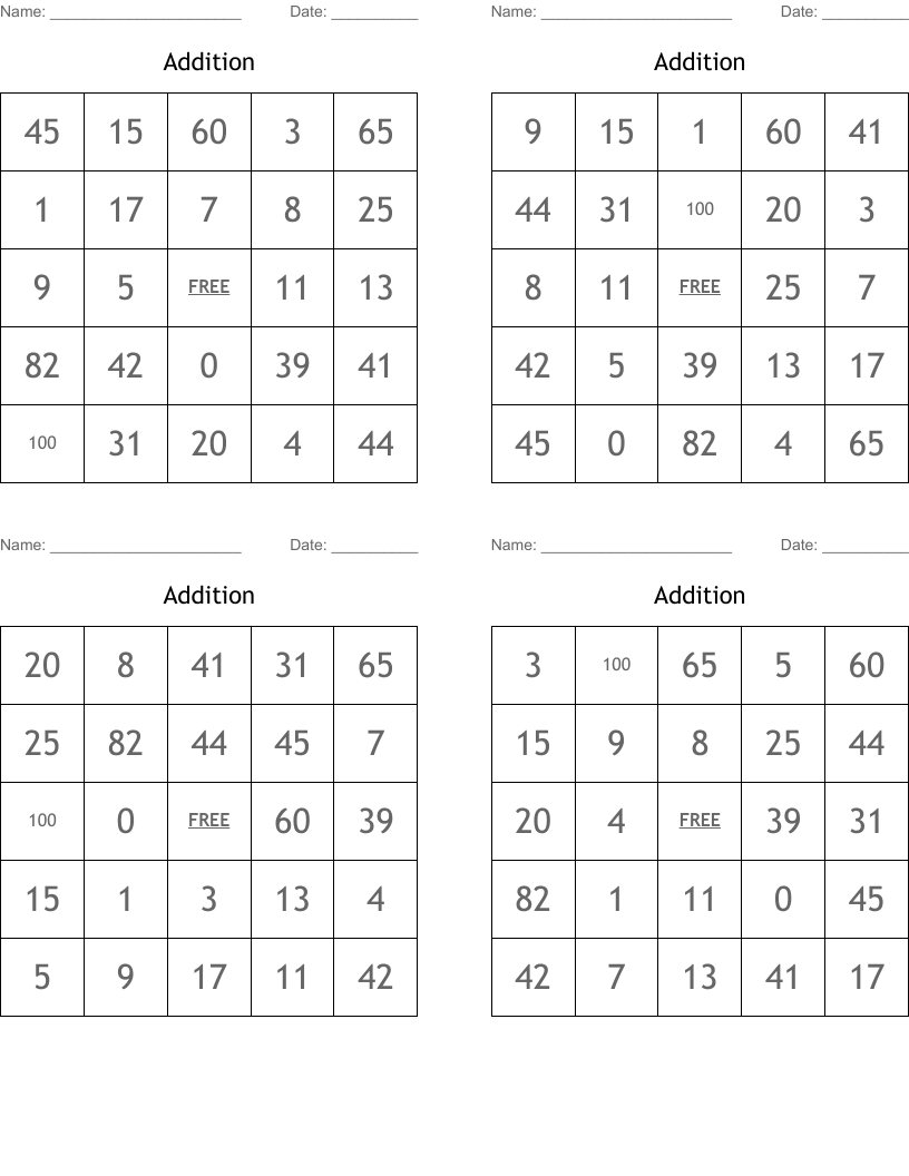 Addition Bingo Cards