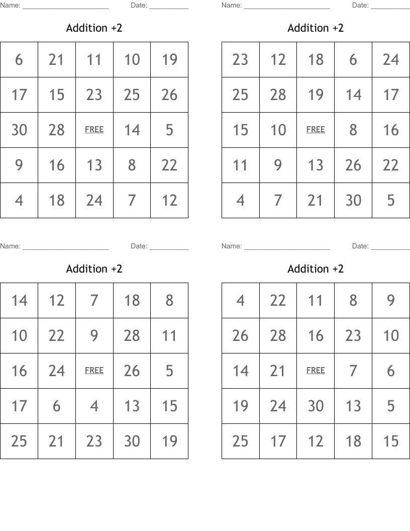 Addition +2 Bingo Cards