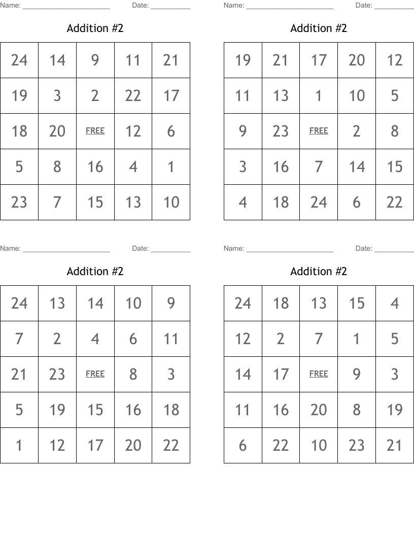 Addition #2 Bingo Cards