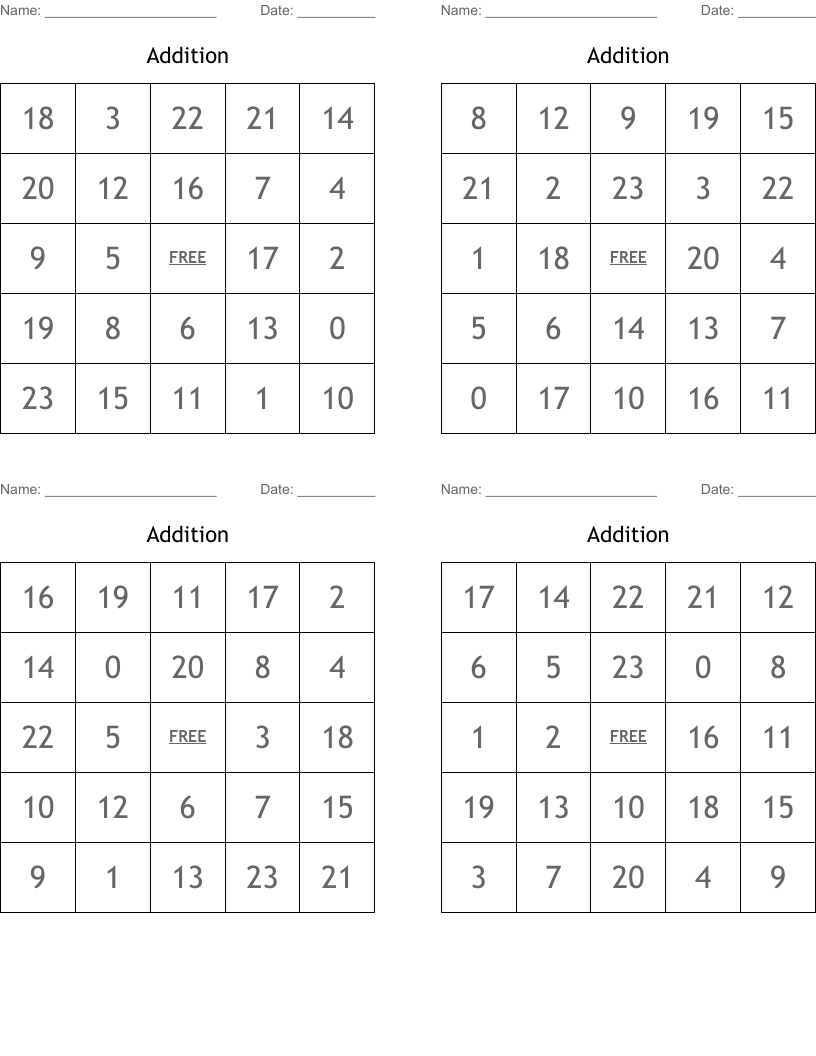 Addition Bingo Cards