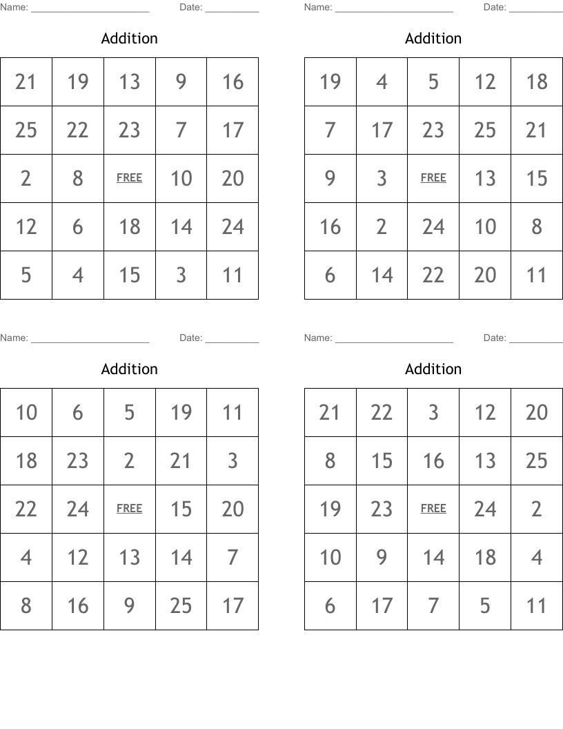 Addition Bingo Cards