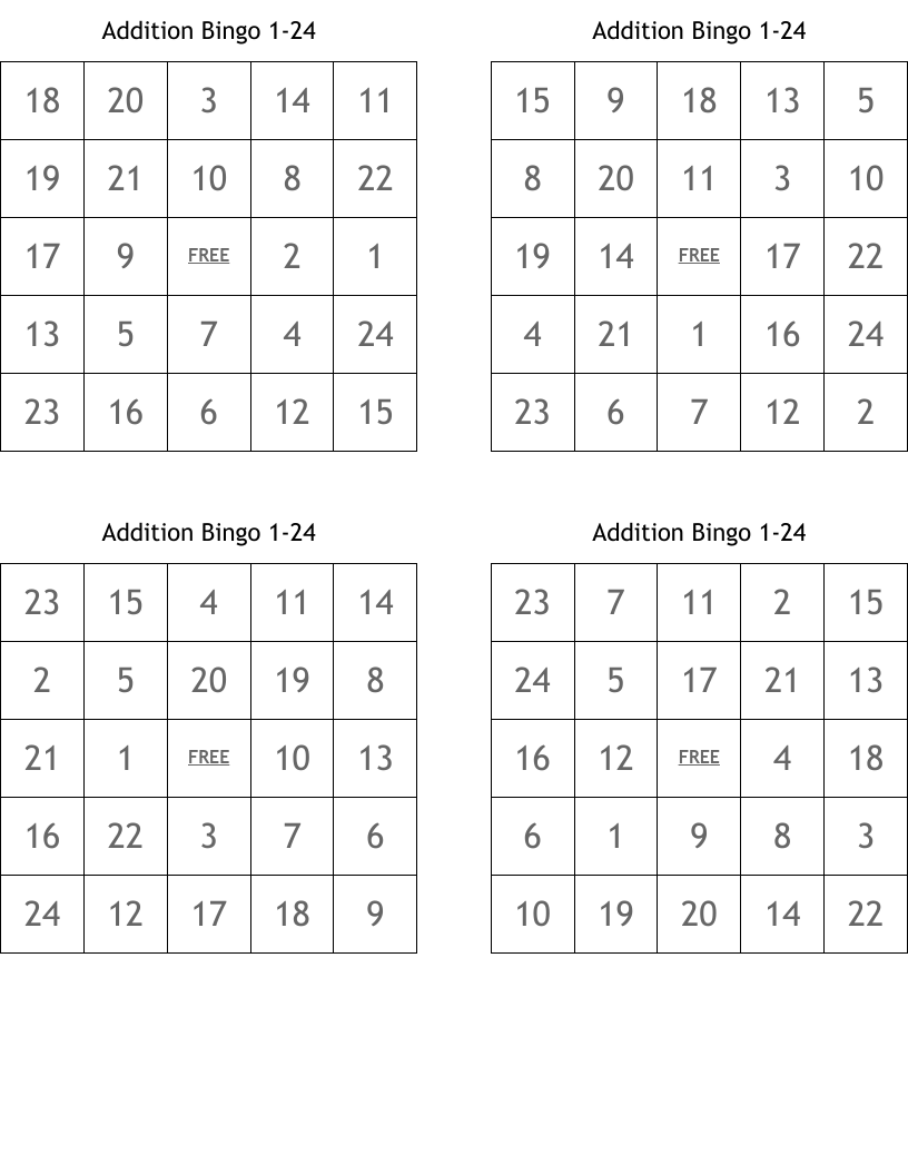 Addition Bingo 1-24