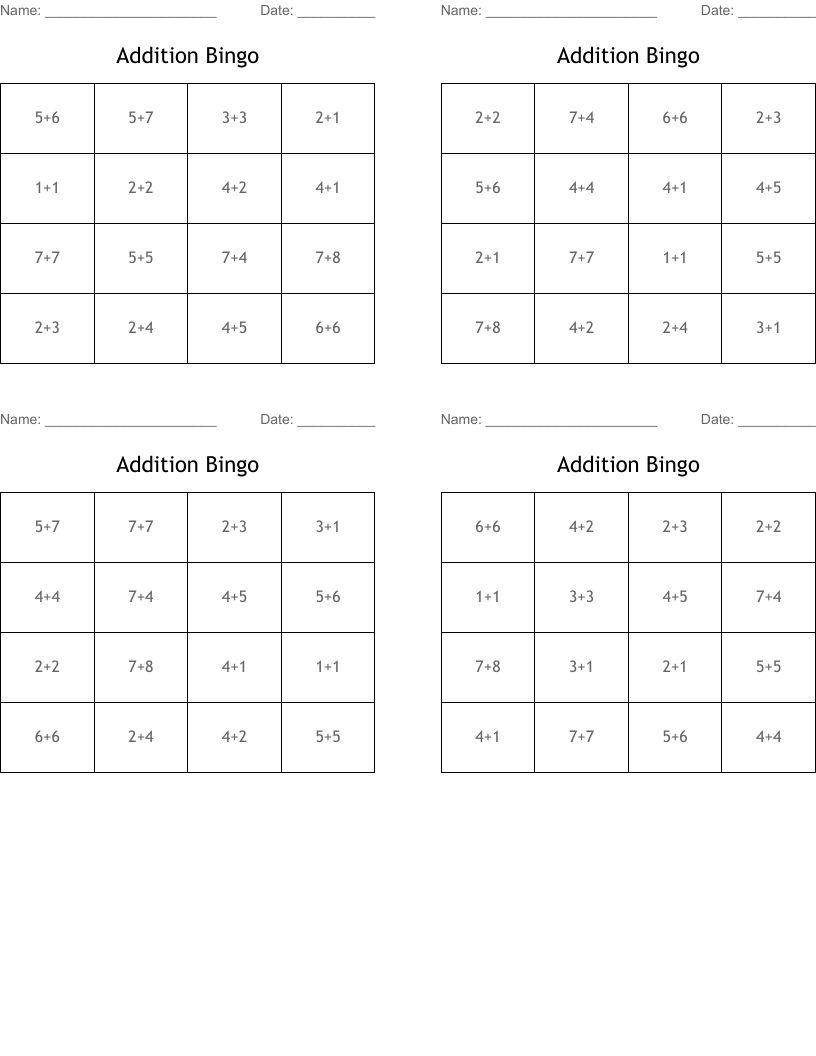 Addition Bingo